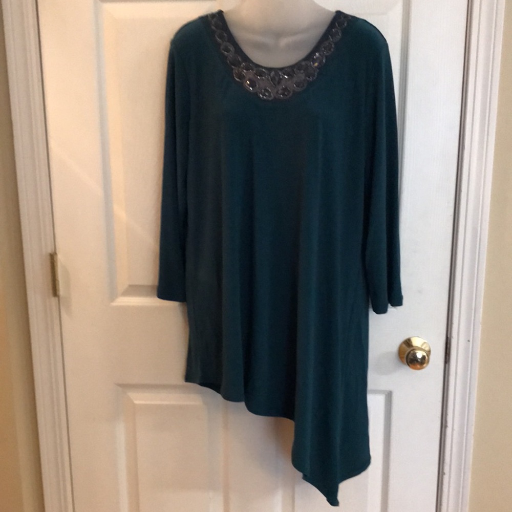 Dennis Basso NWOT dark green tunic blouse with beaded neckline L
